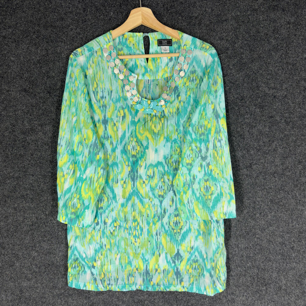 Lark Lane Mini Dress Women 18 Plus Blue Geometric Short Long Sleeve Cotton